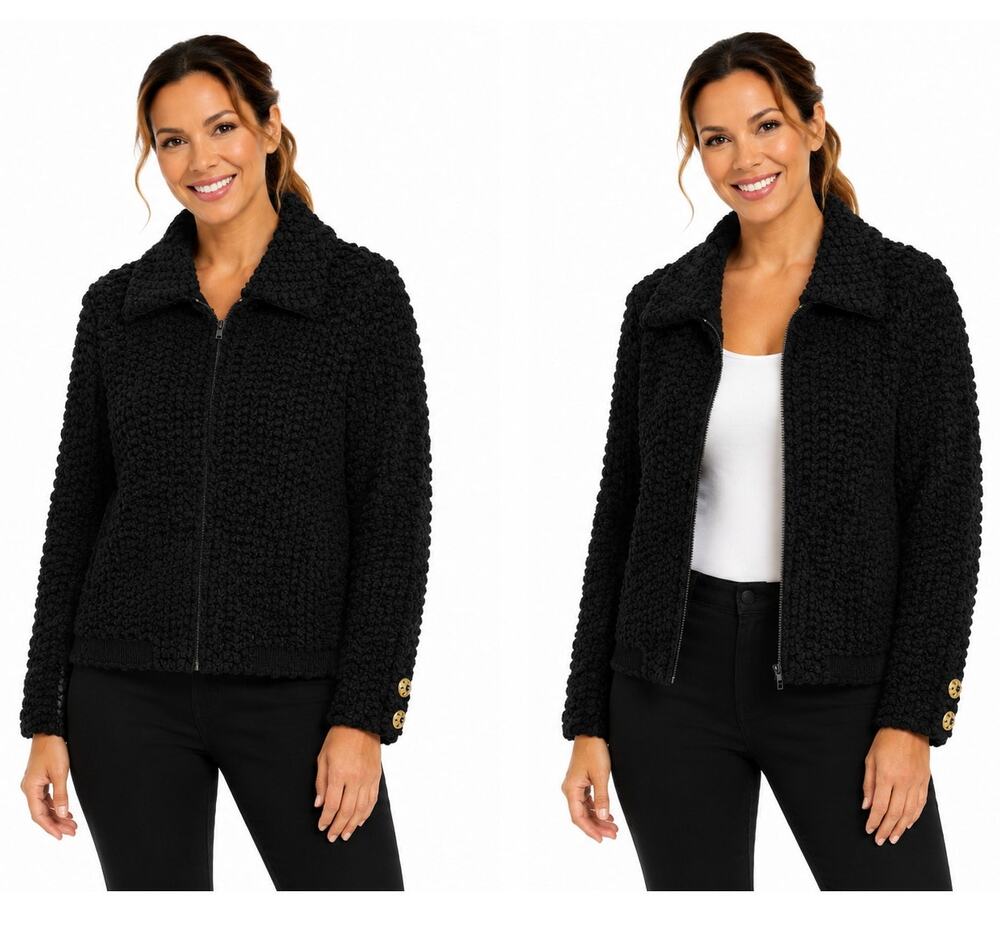 Vintage St. John Collection Black Bouclé Knit Zip Front Cropped Jacket Size L